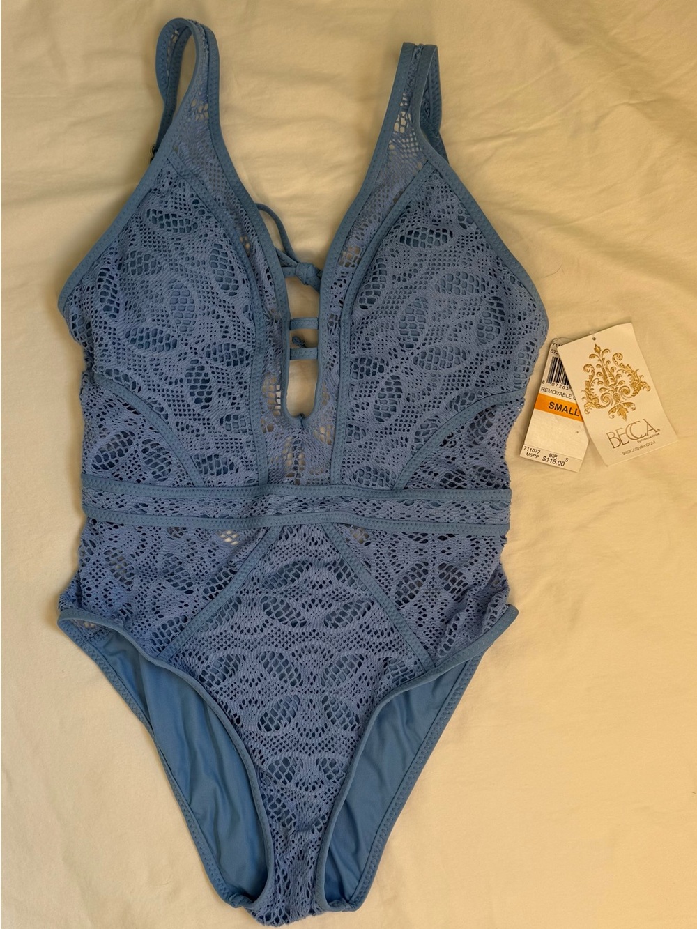 BECCA Color Play Crochet Plunge One Piece Swimsuit Blue Small